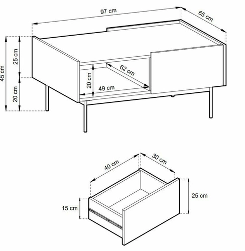 Stolik kawowy prostokątny Cashmer 97x65 cm z szufladami i półką nowoczesny do salonu