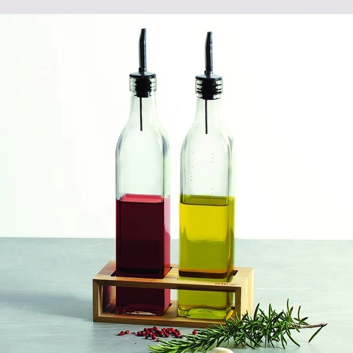 Zestaw 2 szklanych butelek na oliwę i ocet 0,48l z bambusową podstawką 5five