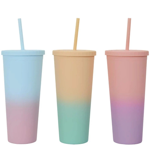 Kubek ze słomką Tie-Dye PP pomarańczowo-różowy