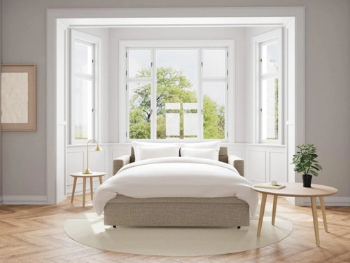 Sofa z funkcją spania Fleury beżowa dwuosobowa do salonu Actona