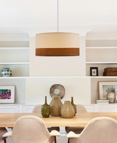 Lampa wisząca Bianco biała z abażurem tkanina orzech regulowana do salonu i kuchni