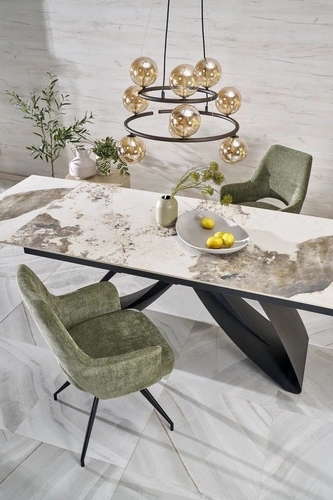 Stół rozkładany do jadalni Margareth biały marmur 180-260 cm nowoczesny blat spiek czarne nogi