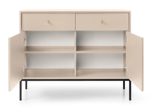 Komoda Evora beżowa nowoczesna z szufladami na wysokich nóżkach do salonu Intesi 104 cm