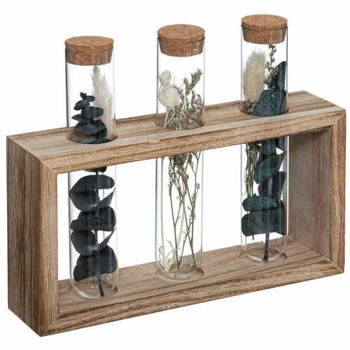 Atmosphera potrójny wazon szklany dekoracyjny z suszonymi kwiatami na drewnie 17 cm