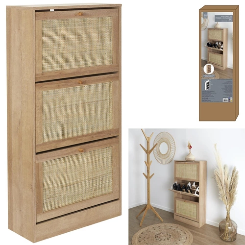 Szafka na buty Bali naturalna wysoka z trzema półkami i ażurowym frontem rattan boho