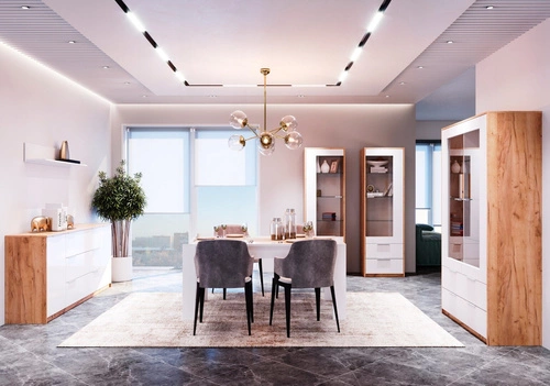 Witryna szklana Tissa biała dąb craft z szufladami do salonu nowoczesna 60 cm