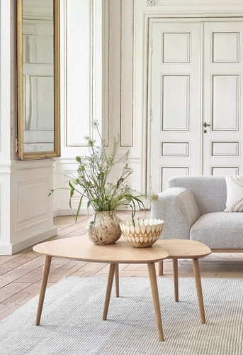 Zestaw stolików kawowych Alor 2w1 trójkątny dębowy nowoczesny do salonu