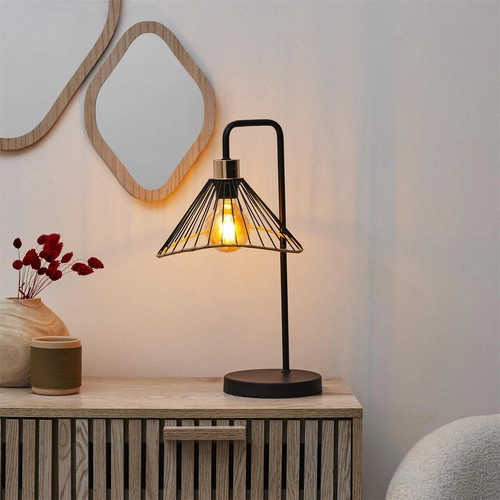 Lampa stołowa Anel nowoczesna czarna z rattanem do salonu i sypialni loft industrial