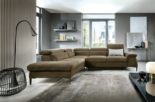 Narożnik z funkcją spania do salonu Silvo L lewy oliwkowy skandynawski z pojemnikiem