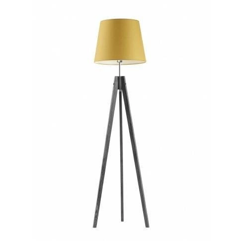 Lampa podłogowa drewniana trójnóg ARUBA glamour z abażurem musztardowym do salonu Lysne