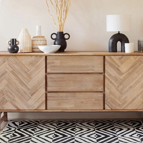 Komoda Aeris 180 cm drewniana z szufladami jodełka skandynawska do salonu Atmosphera