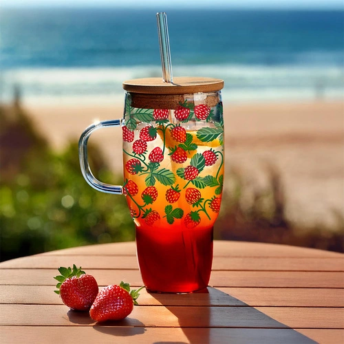 Szklany kubek Soleo 650ml z pokrywką i słomką do letnich napojów rustykalny czerwony Intesi