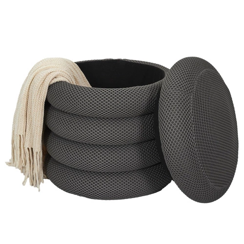 Pufa Atom szara okrągła ze schowkiem nowoczesna do salonu i sypialni Intesi 42 cm