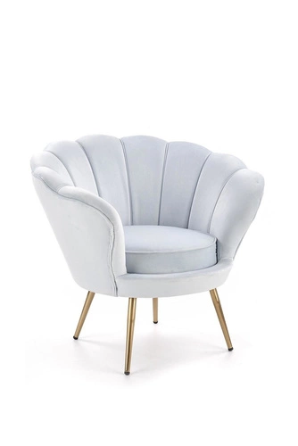 Fotel muszelka Amore błękitny welur do salonu nowoczesny glamour na złotych nogach Intesi