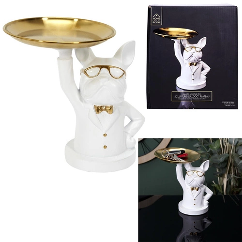 Organizer figurka buldog dekoracyjny biały ze złotą tacą Intesi do salonu glamour