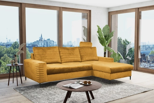 Narożnik z funkcją spania do salonu Hald prawy nowoczesny welurowy musztardowy Intesi
