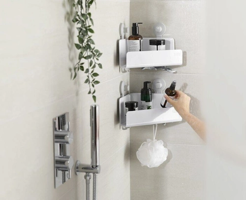 Joseph Joseph EasyStore nowoczesna półka łazienkowa narożna na przyssawki z haczykami pod prysznic