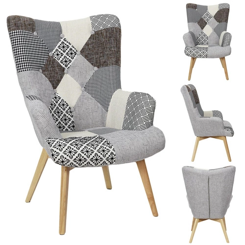 Fotel uszak Helsinki szary patchwork skandynawski do salonu na wysokich drewnianych nogach