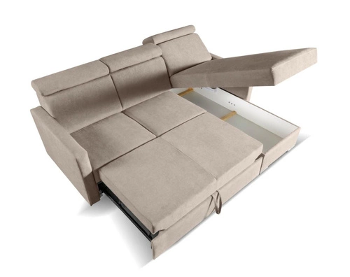 Narożnik z funkcją spania Mils beżowy do salonu nowoczesny z pojemnikiem na pościel