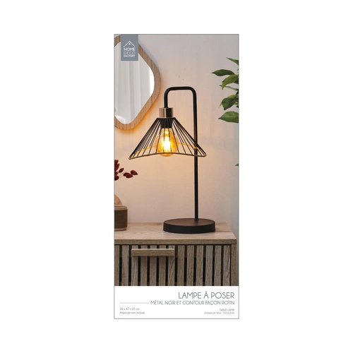 Lampa stołowa Anel nowoczesna czarna z rattanem do salonu i sypialni loft industrial