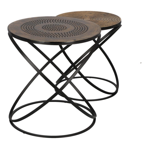 Zestaw 2 okrągłych stolików kawowych Etnik loft złoty czarny do salonu Atmosphera