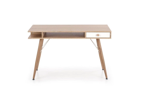 Biurko skandynawskie do pracy z szufladą i półkami Interi dąb sonoma białe 120x60 cm Intesi