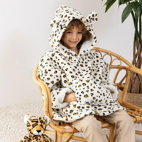 Koc z kapturem Pantera pomarańczowy dziecięcy ciepły bluzo koc polarowy Atmosphera