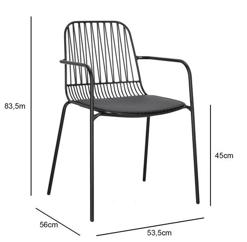 Krzesło metalowe Willy Intesi do jadalni i kuchni czarne z podłokietnikami i poduszką