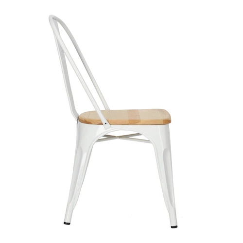 Krzesło do jadalni Paris Wood białe metalowe z drewnianym siedziskiem industrialne D2.DESIGN