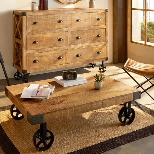 Stolik kawowy Silas mango prostokątny loftowy drewniany na kółkach do salonu 117 cm Atmosphera