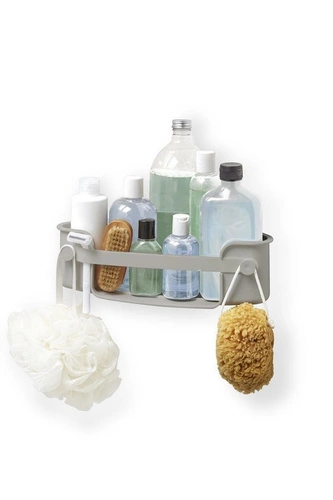 Półka łazienkowa narożna pod prysznic Umbra Flex szara z haczykami GEL-LOCK bez wiercenia