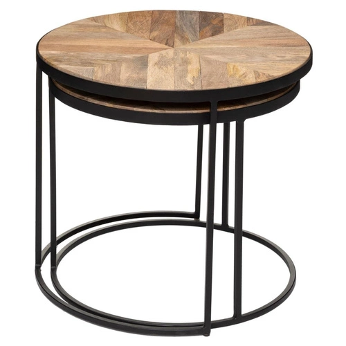 Zestaw 2 okrągłych stolików kawowych Basile do salonu, loftowy, drewno mango i czarny metal