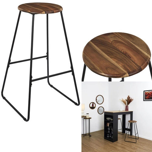 Hoker Prius bez oparcia z drewna akacjowego i czarnej stali 70 cm loftowy do kuchni lub wyspy