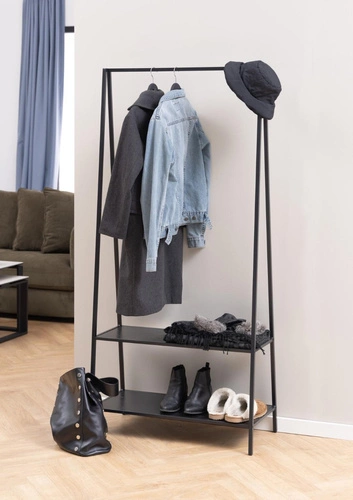 Wieszak stojący Seaford czarny z półkami na buty nowoczesny do przedpokoju Actona