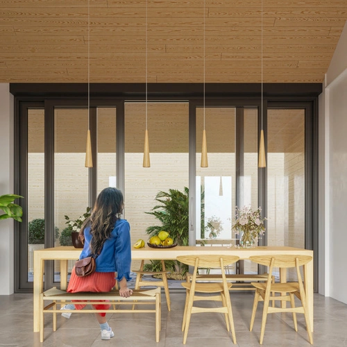 Lampa wisząca drewniana SULA 1 regulowana do kuchni i jadalni nowoczesny styl