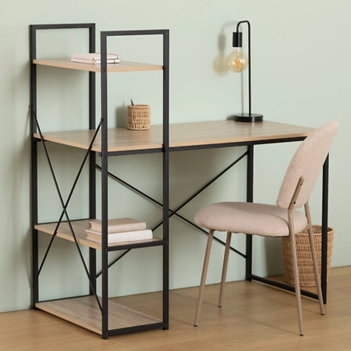 Biurko loftowe Aliaj z półkami naturalny dąb i czarne metalowe do pracy lub pokoju młodzieżowego