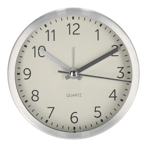 Budzik Quazi srebrny nowoczesny zegar stojący do sypialni i biura średnica 9 cm Intesi