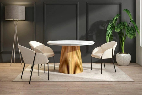 Stół rozkładany Kyoto okrągły 120/200 cm biały marmur dąb nowoczesny do jadalni i salonu