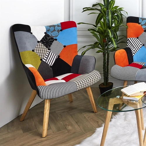 Fotel uszak Helsinki patchwork multikolor do salonu skandynawski z podłokietnikami Intesi