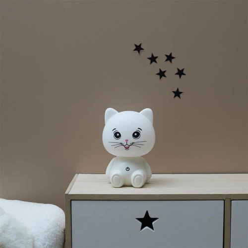 Lampka nocna LED Kot Intesi biała do pokoju dziecięcego z regulacją światła i portem USB