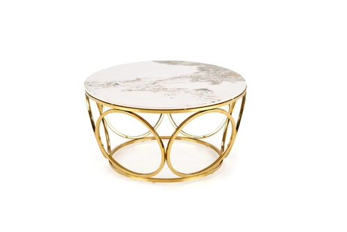 Stolik kawowy okrągły Deyn 80 cm biały marmur złoty nowoczesny glamour do salonu Intesi