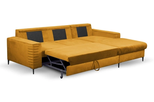 Narożnik z funkcją spania do salonu Hald prawy nowoczesny welurowy musztardowy Intesi