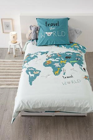 Komplet pościeli dziecięcej Atmosphera bawełniana 140x200 mapa świata zielona z certyfikatem Oeko-Tex