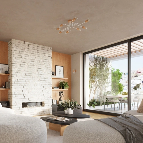 Żyrandol loftowy TIMBO 6 biały z drewnem do salonu nowoczesny żyrandol przysufitowy