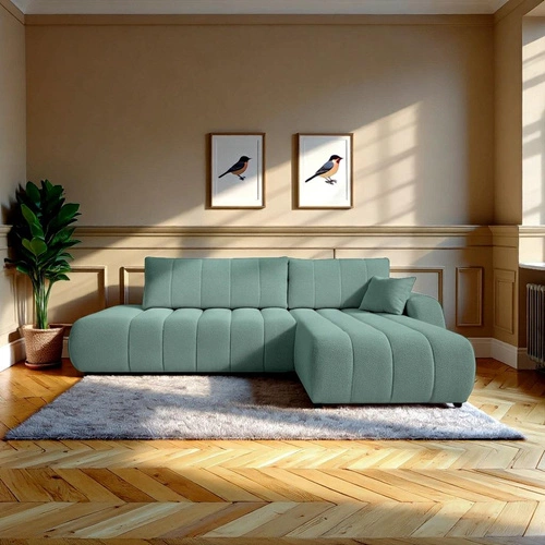 Narożnik z funkcją spania Hobro prawy zielony nowoczesny do salonu z pojemnikiem