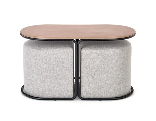 Stolik kawowy owalny loftowy Pampa z 2 pufami do salonu, metalowy, naturalny, Intesi