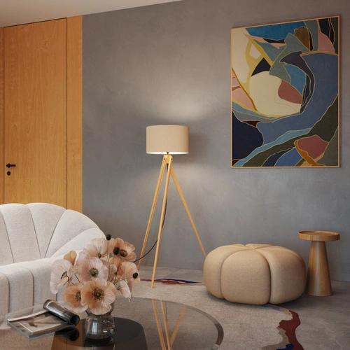 Lampa stojąca do salonu NATT nowoczesna drewniana trójnóg z abażurem taupe 140 cm