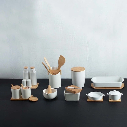 Zestaw 4 pojemników na przyprawy Seramik na podstawce bambusowej