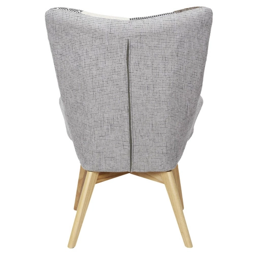 Fotel uszak Helsinki szary patchwork skandynawski do salonu na wysokich drewnianych nogach
