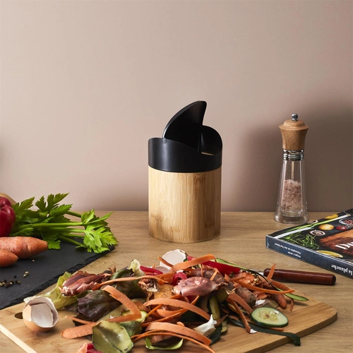 Intesi Mini kosz na śmieci do łazienki i kuchni bambusowy czarny obrotowy 1L